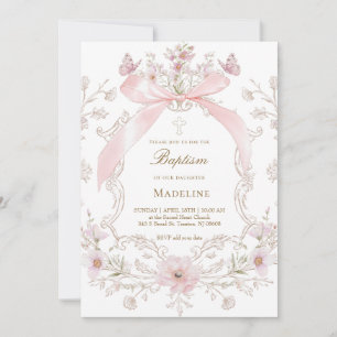 Convite laço rosa e flores moldura menina Batismo