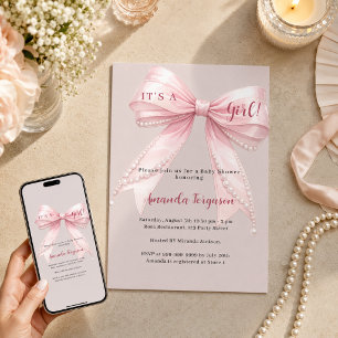 Convite Laço rosa é uma menina taupe Baby Shower