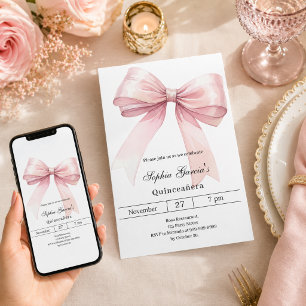 Convite Laço rosa elegante Quinceanera