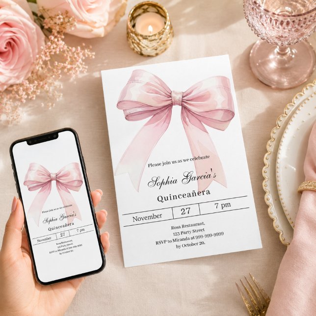 Convite Laço rosa elegante Quinceanera (Criador carregado)