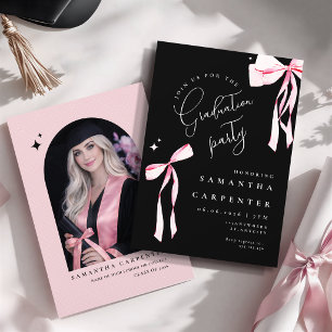 Convite Laço rosa foto fundo preto elegante formatura