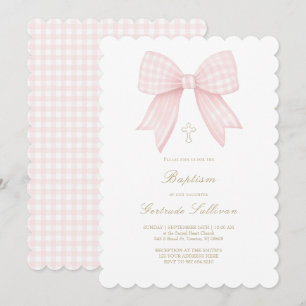 Convite laço rosa gingham   Batismo