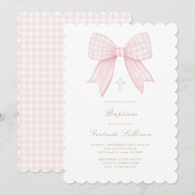 Convite laço rosa gingham | Batismo (Frente/Verso)