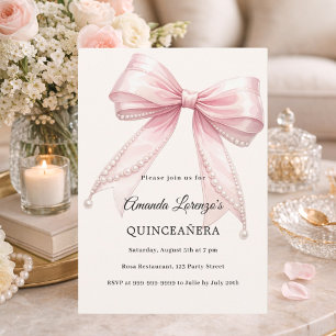 Convite Laço rosa pérolas de marfim Quinceanera luxuosa el