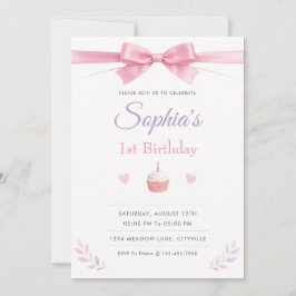 Convite Laço Rosa Simples e Elegante para 1º Aniversário