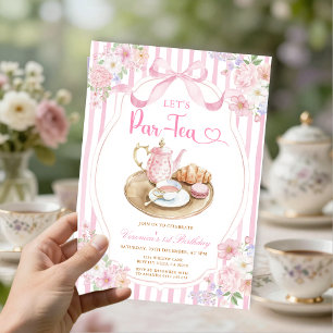 Convite Laço Rosa Vamos Par-tea Menina Aniversário Listra