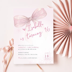Convite Laço Rosa Vintage Elegante Inverno Aniversário de 