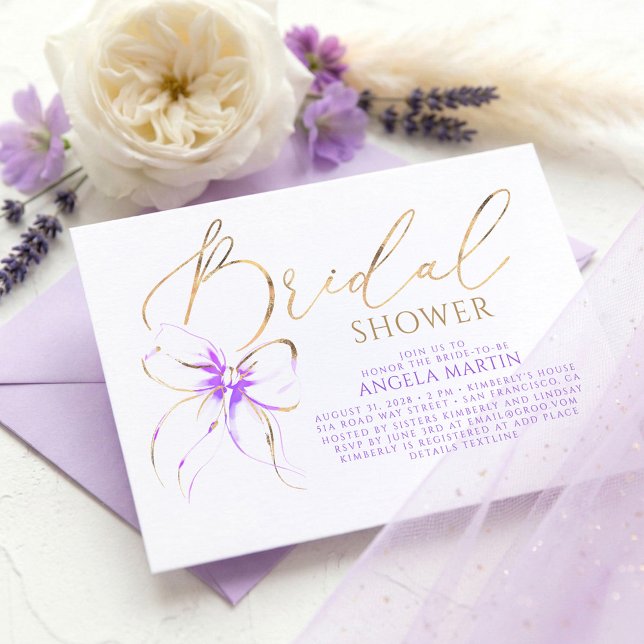 Convite Laço Roxo Suave Elegante Chuveiro de Noiva Românti (Soft Purple Bow Romantic Bridal Shower Invites)