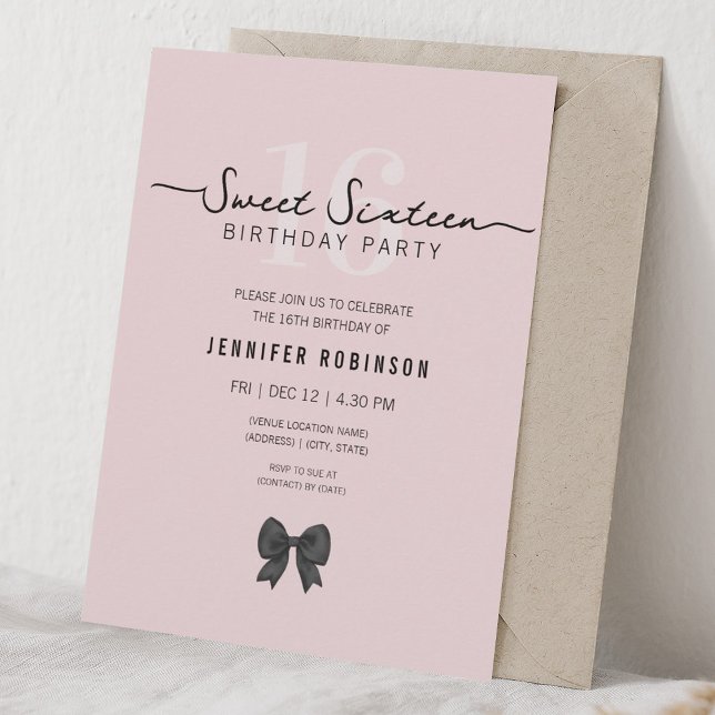 Convite Laço Simples Coquete Doce 16 Dezesseis Rosa Bege (Simple Coquette Bow Sweet 16 Sixteen Blush Pink Invitation)