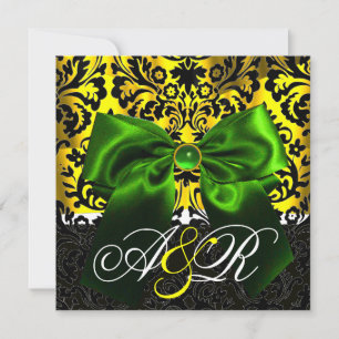 CONVITE LAÇO VERDE DOURADO AMARELO PRETO MONOGRAMA DAMASCO