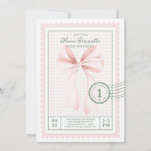 Convite Laço Xadrez Rosa Coquette Primeiro Aniversário