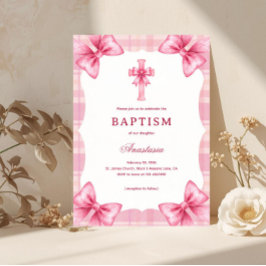 Convite Laços de Aquarela em Xadrez Rosa & Batismo de Meni
