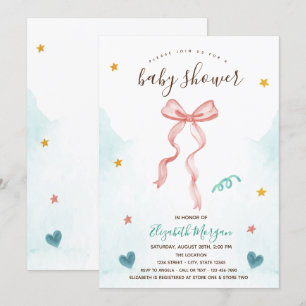Convite Laços de Fita Rosa Estrelas Corações Baby Shower