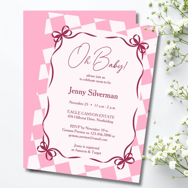 Convite Laços de Ginga Rosa Bebê Chá de Bebê (Oh Baby Pink Gingham Bows Baby Shower Invitation)