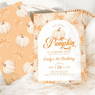 Convite Laços de Gingham de Pequena Abóbora 1º Aniversário