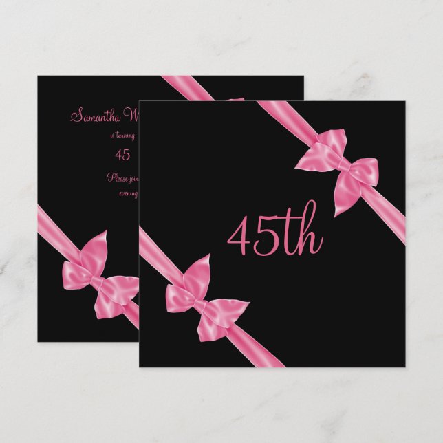 Convite Laços de Seda Rosa Elegantes 45º Aniversário (Frente/Verso)