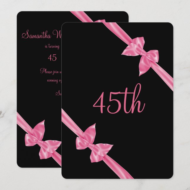 Convite Laços de Seda Rosa Elegantes 45º Aniversário (Frente/Verso)