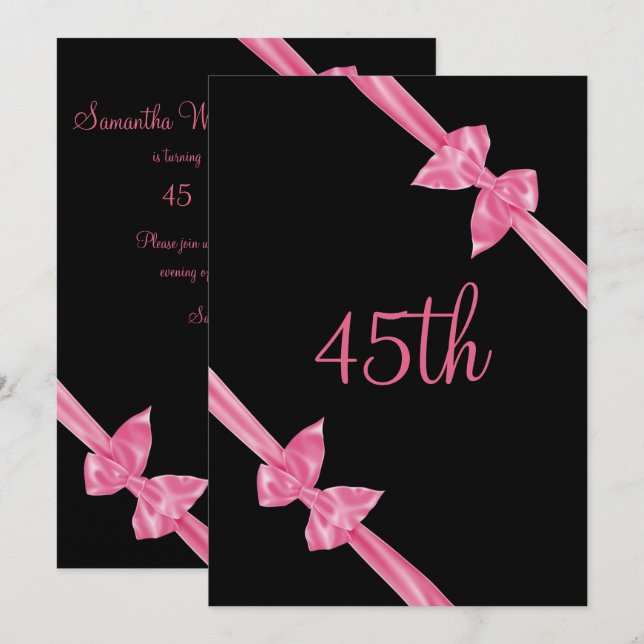 Convite Laços de Seda Rosa Elegantes Aniversário de 45 ano (Frente/Verso)