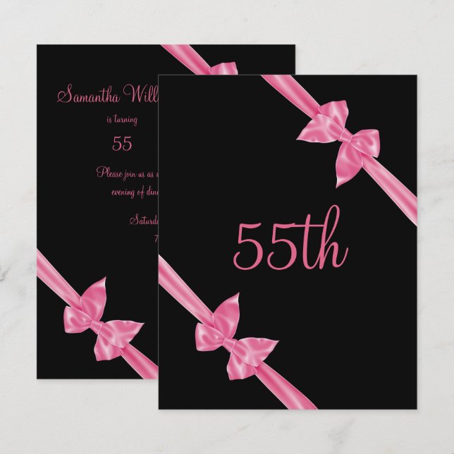 Convite Laços de Seda Rosa Elegantes Aniversário de 55 ano (Frente/Verso)
