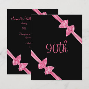 Convite Laços de Seda Rosa Elegantes Aniversário de 90 ano