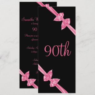 Convite Laços de Seda Rosa Elegantes Aniversário de 90 ano