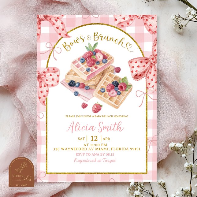 Convite Laços Gingham Rosa E Brunch Baby Shower Brunch (Criador carregado)