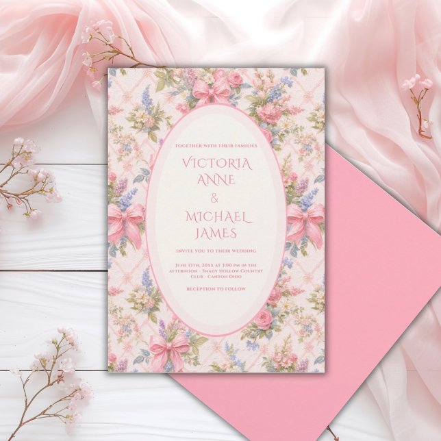 Convite Laços Rosa Floral Casamento Vintage (Criador carregado)