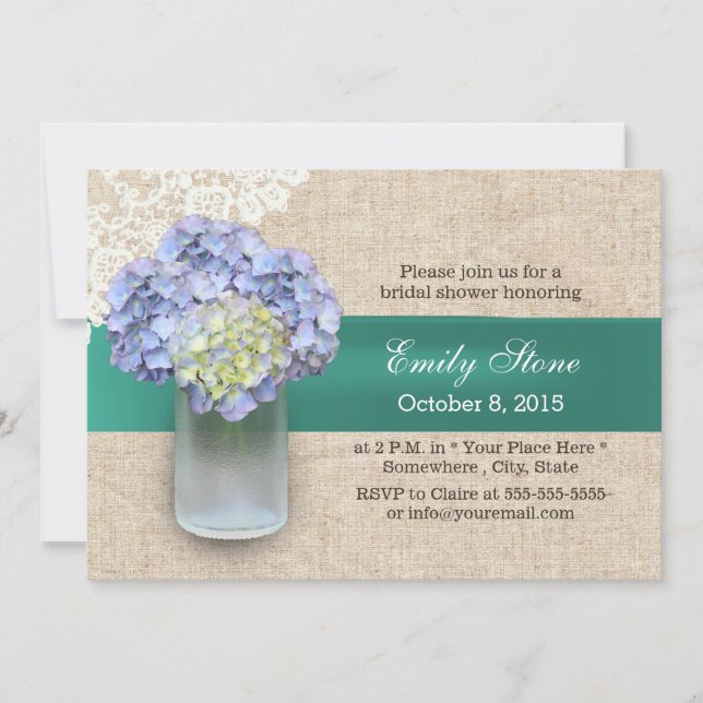 Convite Lactato Burlap Hydrangea & Mason Jar Chá de panela (Frente)