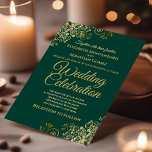 Convite Lacy Dourada no casamento Elegante Simples Emerald<br><div class="desc">Este belo convite para o casamento apresenta um simples, mas elegante design de texto dourado num fundo verde esmeraldo com bordas de filigrana floral de folha de ouro. Bem-vindos seus convidados para compartilhar seu dia especial de celebração de casamento com estes maravilhosos convites sofisticados com texto dourado. Um casamento é...</div>