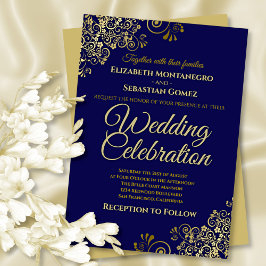 Convite Lacy Dourado Filigree no Marinho Simples Casamento