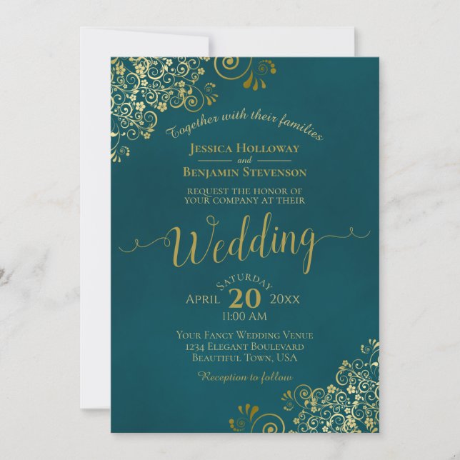 Convite Lacy Gold Calligraphy Elegant Teal Wedding (Frente)