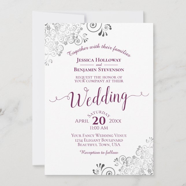 Convite Lacy Silver Elegant Cassis Purple em Casamento Bra (Frente)