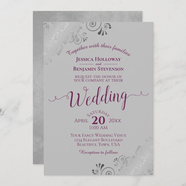 Convite Lacy Silver Elegant Cassis Purple em Casamento de  (Frente/Verso)