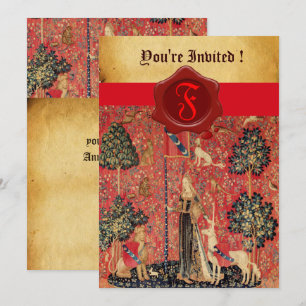 CONVITE LADDDY E UNICORN MONOGRAMA, PARCHA DE SEAL VERMELH