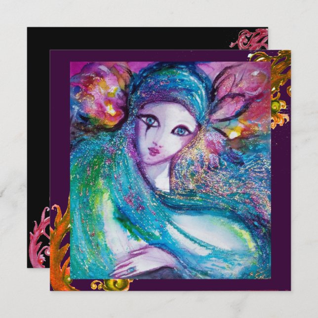 Convite LADY BLUE MASK Red Yellow Swirls Mascarada Party (Frente/Verso)