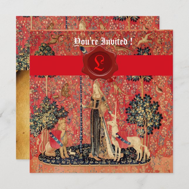 CONVITE LADY E UNICORN MONOGRAM RED WAX SEAL PARCHING (Frente/Verso)