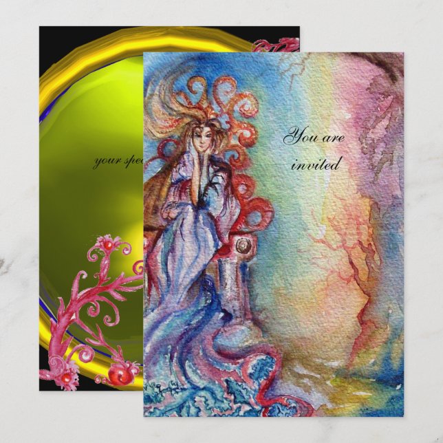 Convite LADY OF LAKE vibrante amarelo-púrpura brilhante (Frente/Verso)