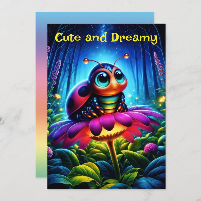 Convite Ladybug bonito de olhos grandes com um brilho míst (Frente/Verso)