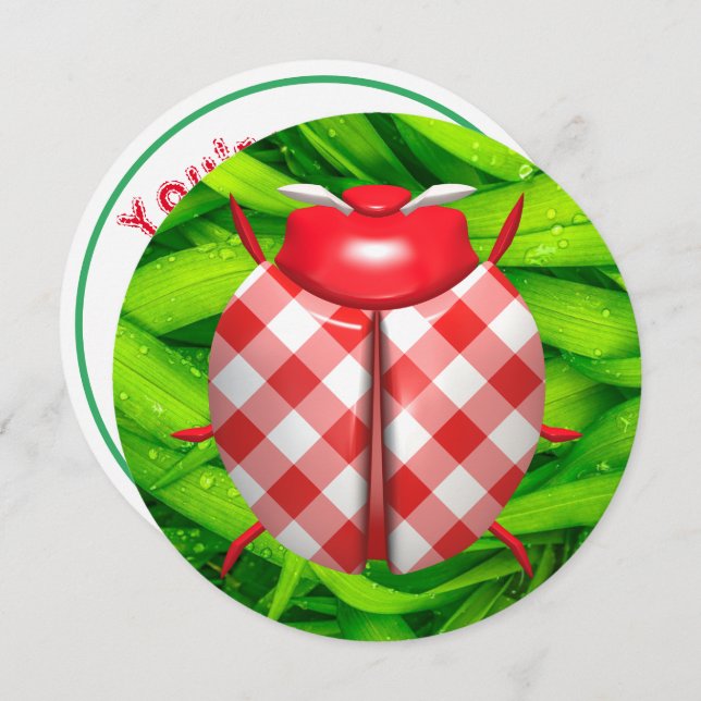 Convite Ladybug grama gingham cheque branco-vermelho (Frente/Verso)