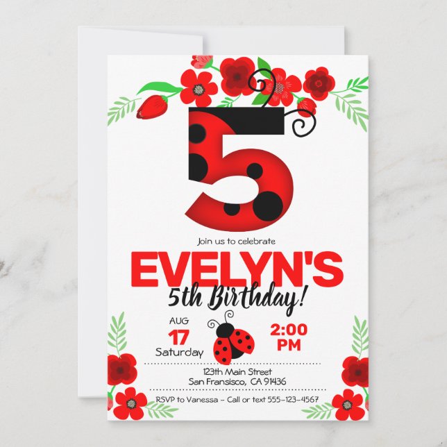 Convite Ladybug para o Aniversário de 5 (Frente)