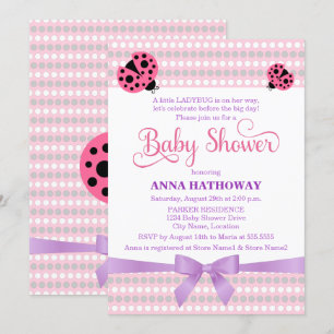 Convite Ladybug rosa com Lavanda e Chá de fraldas pratead