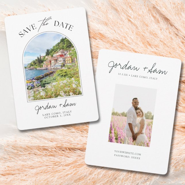 Convite Lago Como Itália Wedding Save the Date (Lake Como Wedding Save the Date with Photos of Lake Como and your engagement. Custom save the date)