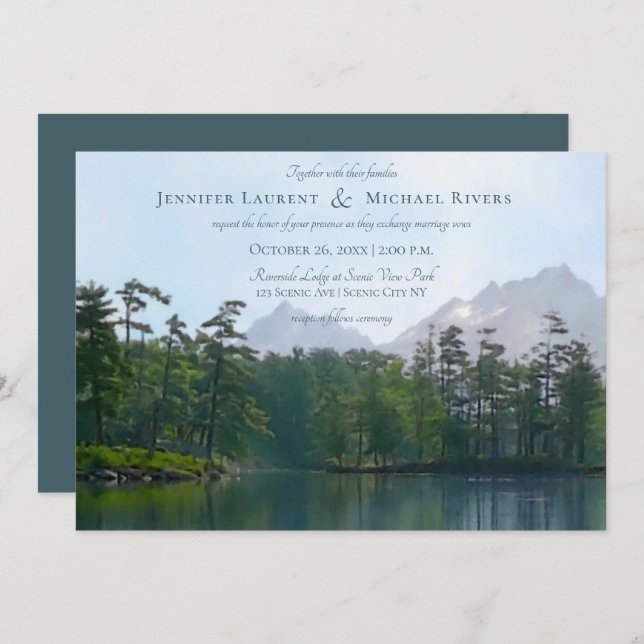 Convite Lago das montanhas Rustic Natureza ama casamento (Frente/Verso)