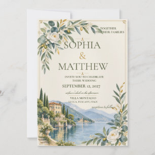 Convite Lago de Como Casamento Azul Elegante e Dourado A