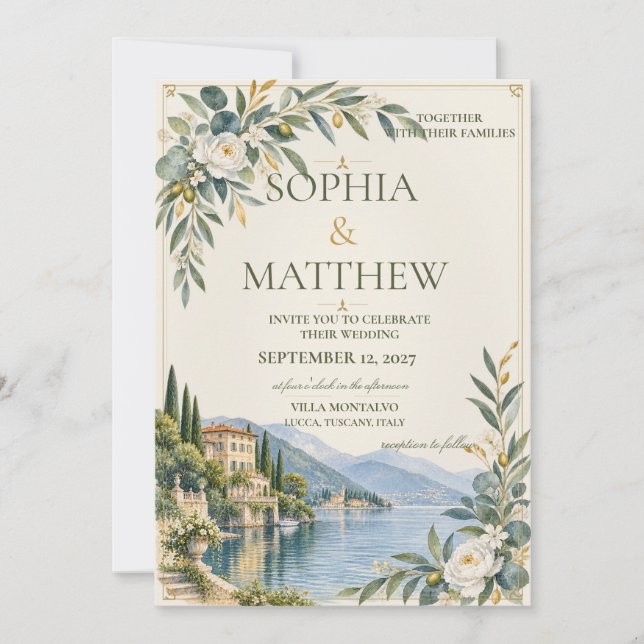 Convite Lago de Como | Casamento Azul Elegante e Dourado A (Frente)