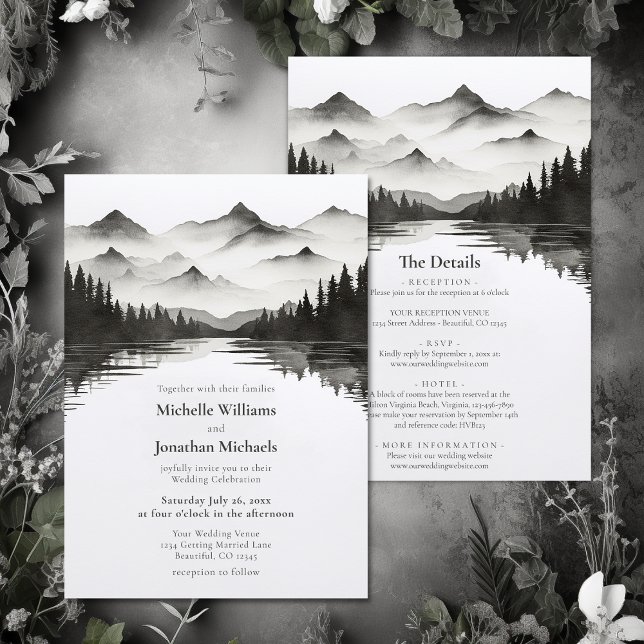 Convite Lago Montanha Negro e Branco Tudo em Um Casamento (Mountain Lake Black and White All in One Wedding Invitation)
