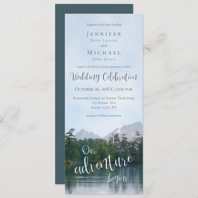 Convite Lago nas montanhas nossa aventura começa o casamen (Frente/Verso)