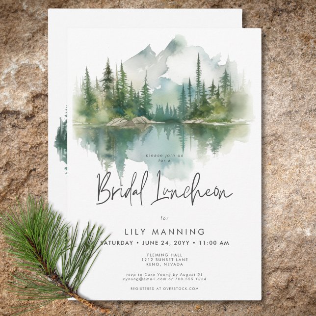 Convite Lago Rustic Mountain Watercolor Bridal (Rustic Mountain Lake Watercolor Bridal Luncheon Invitation)