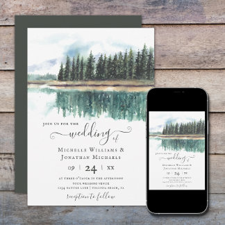 Convite Lago Rustic Watercolor | Montanha Lake Wedding