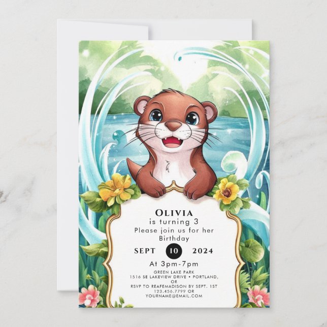 Convite Lago Whimsical Otter Birthday (Frente)
